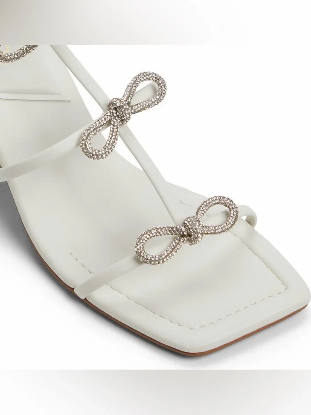 NEW! ALDO Kaeli Ankle Strap Sandal White Rhinestone Bows & Chunky Heel NIB Sz 10
